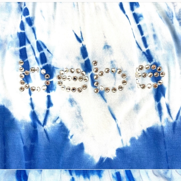 Bebe Blue Tie Dye Braided Tank Top Crystal Monogram Logo Strappy Medium Shirt - Picture 3 of 5
